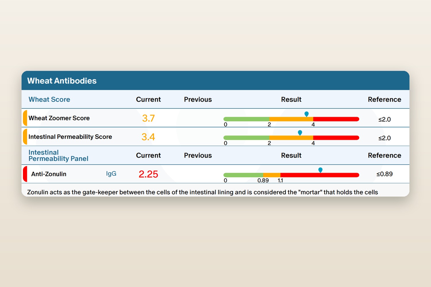 Laboratory results panel showing wheat antibody, intestinal permeability, and zonulin scores