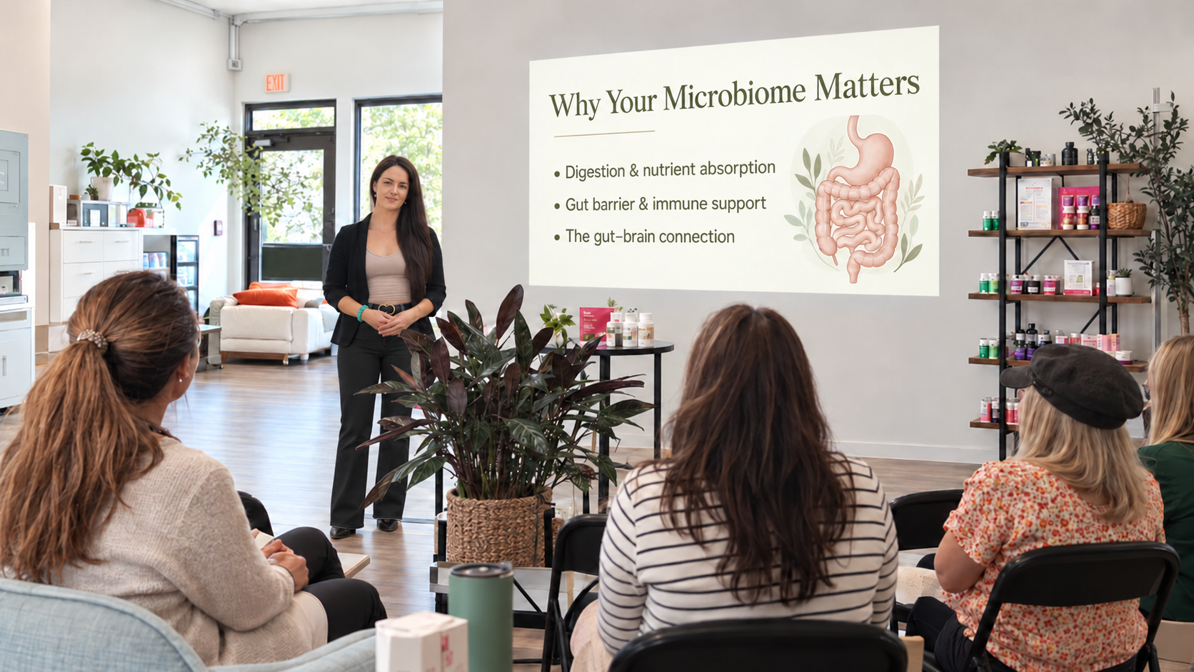 Ceylon presents a talk on why the microbiome matters, standing beside a projected slide listing digestion and nutrient absorption, gut barrier and immune support, and the gut-brain connection, while a seated audience listens