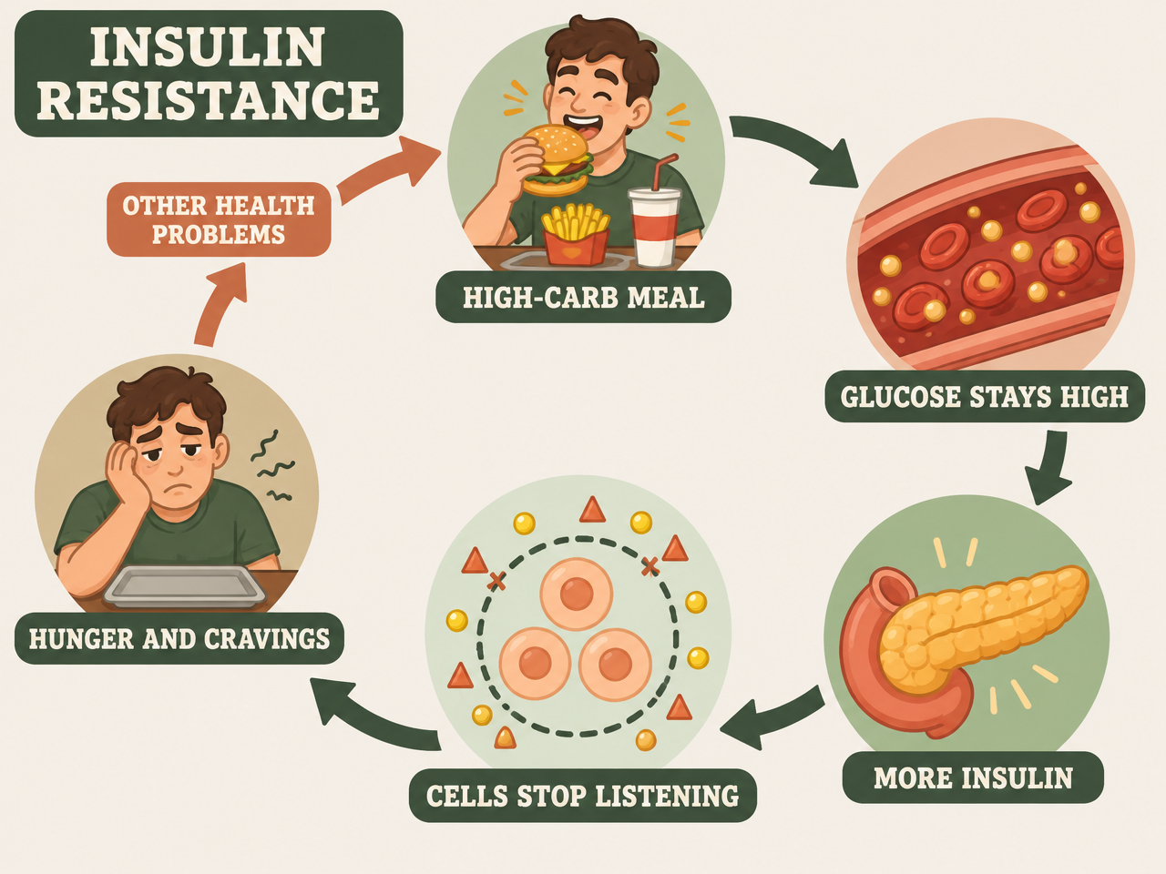 An infographic tracing the cycle from eating carbohydrates to rising blood sugar, insulin release, cells becoming less responsive to insulin, and sugar being stored instead of used for energy