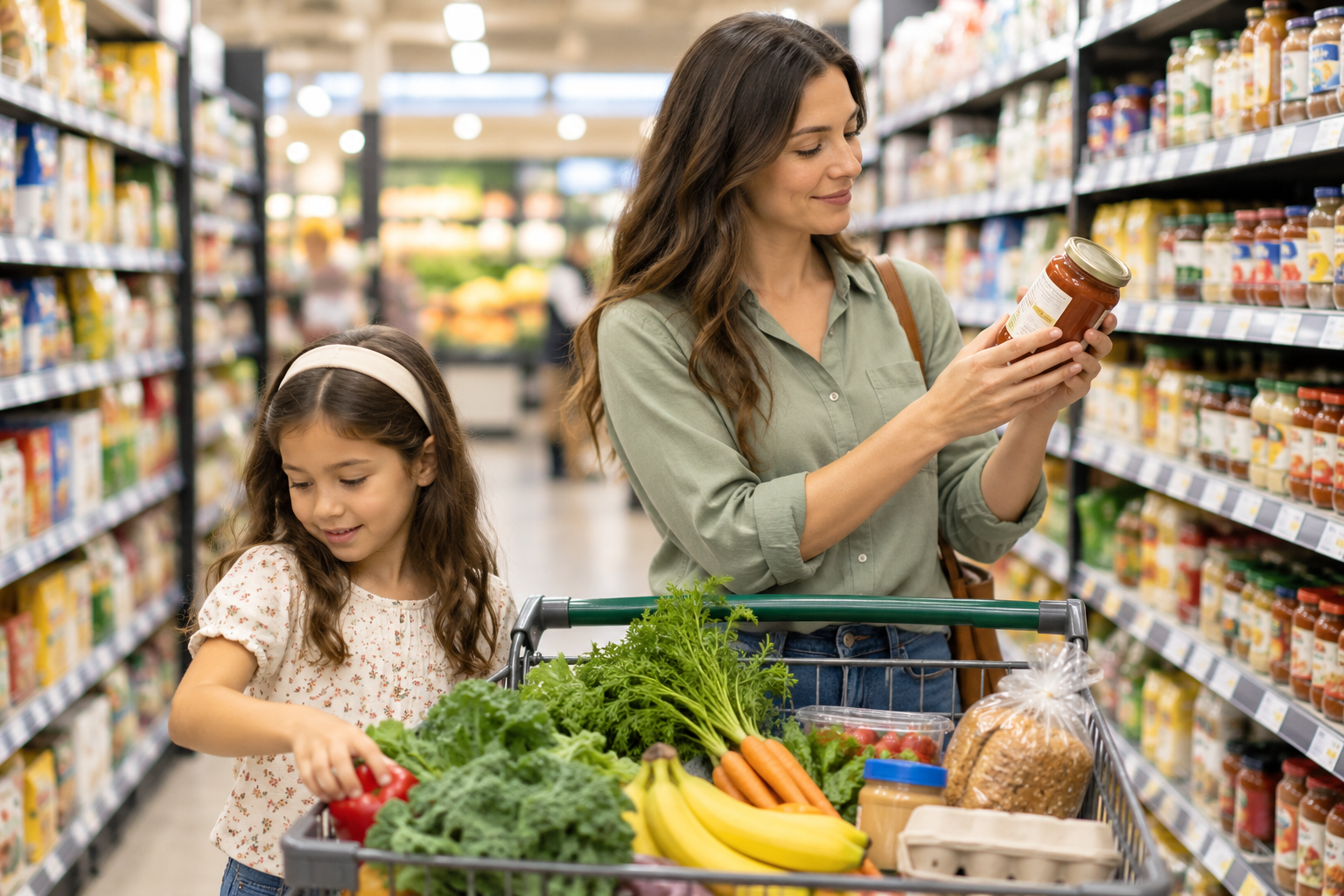 A woman and a young girl shop a grocery aisle together, the woman reading the label on a jar of pasta sauce while the girl reaches for a red bell pepper in a cart filled with kale, carrots, bananas and bread