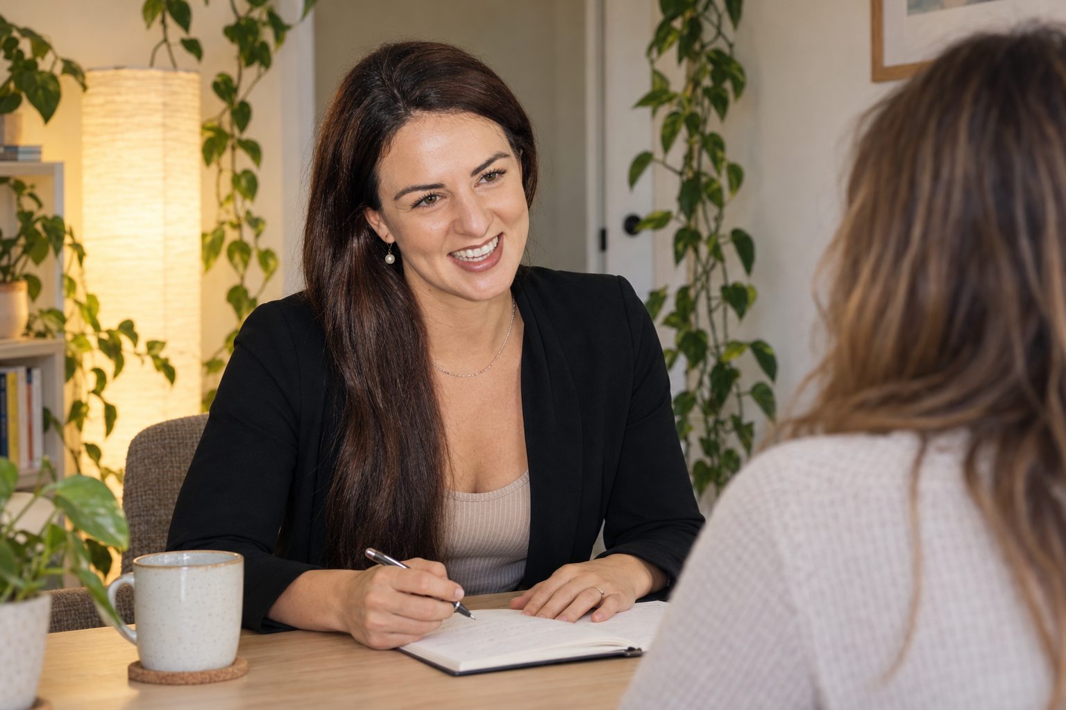 Ceylon Rose in a black blazer talking with a client across a wooden desk in her office, pen in hand over an open notebook