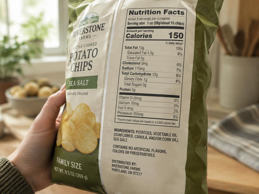 A hand holding a family-size potato chip bag tilted toward the camera so its nutrition facts panel and ingredient list are readable