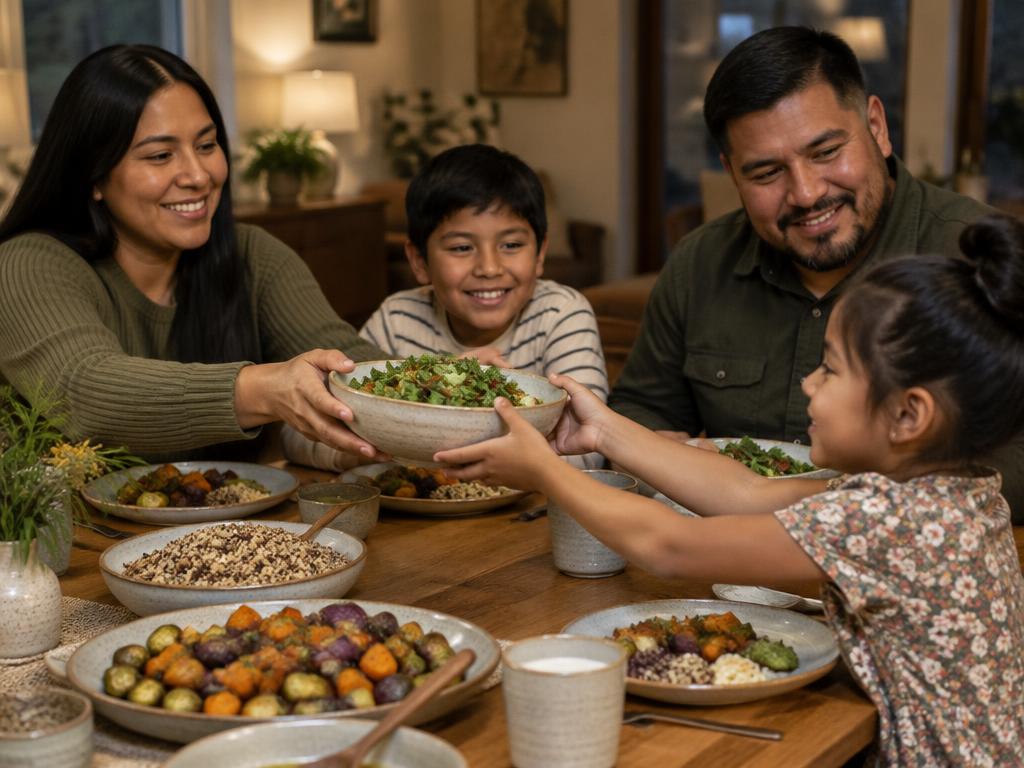 A family of four sharing a colorful whole-food meal around their dinner table