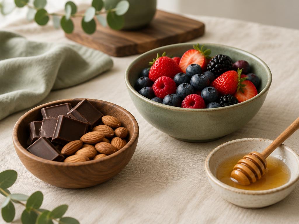 A bowl of berries with dark chocolate, almonds and honey